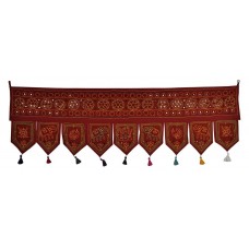 Indian Home Decor Cotton Valance Embroidered Ethnic Maroon Door Hanging Top 56"   263768814034